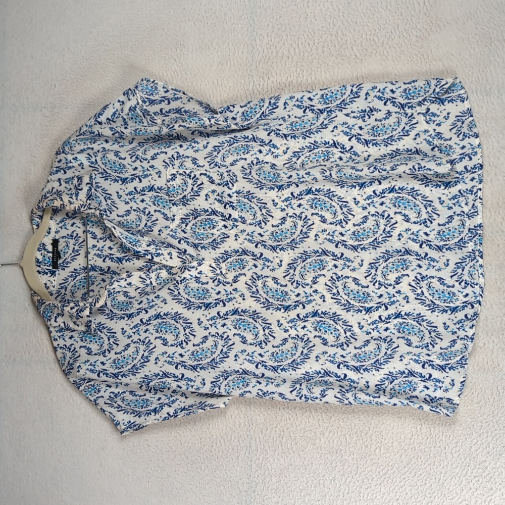 Pleione Women's Blue & White Floral Paisley Patterned Slit Neck Blouse Size M